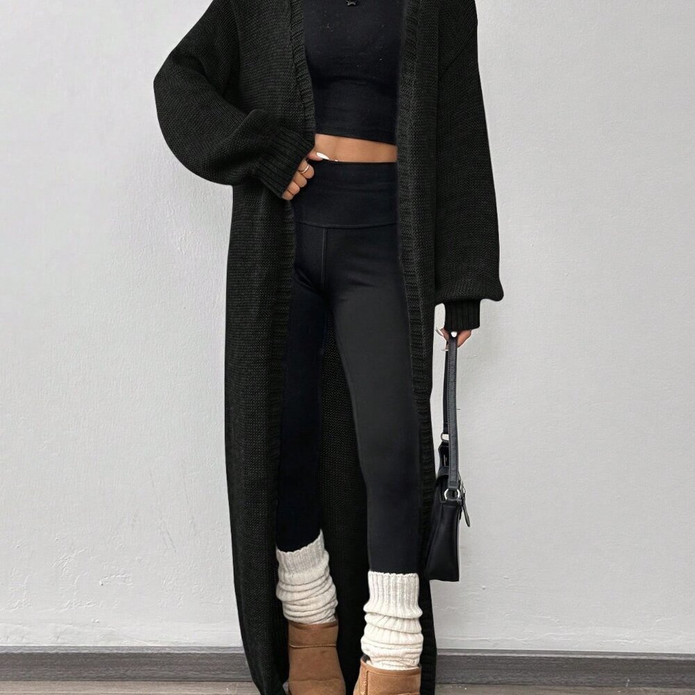 Black Casual Women's Knit Cardigan Sweater,Long Sleeve Tops